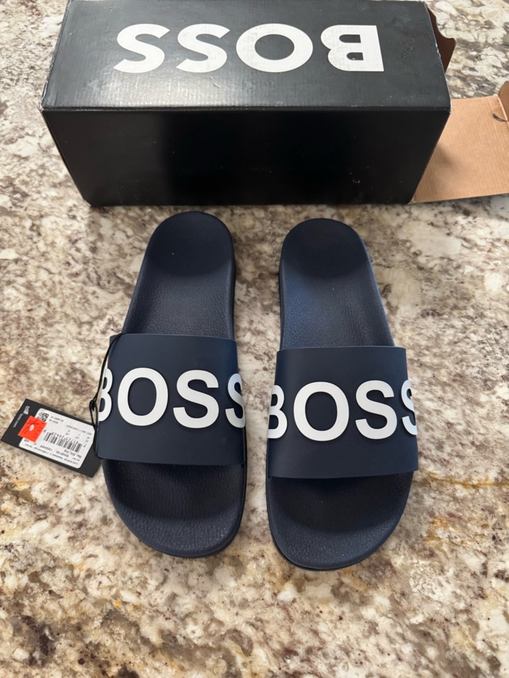 Hugo Boss Navy Slide Sandals with White Logo Strap